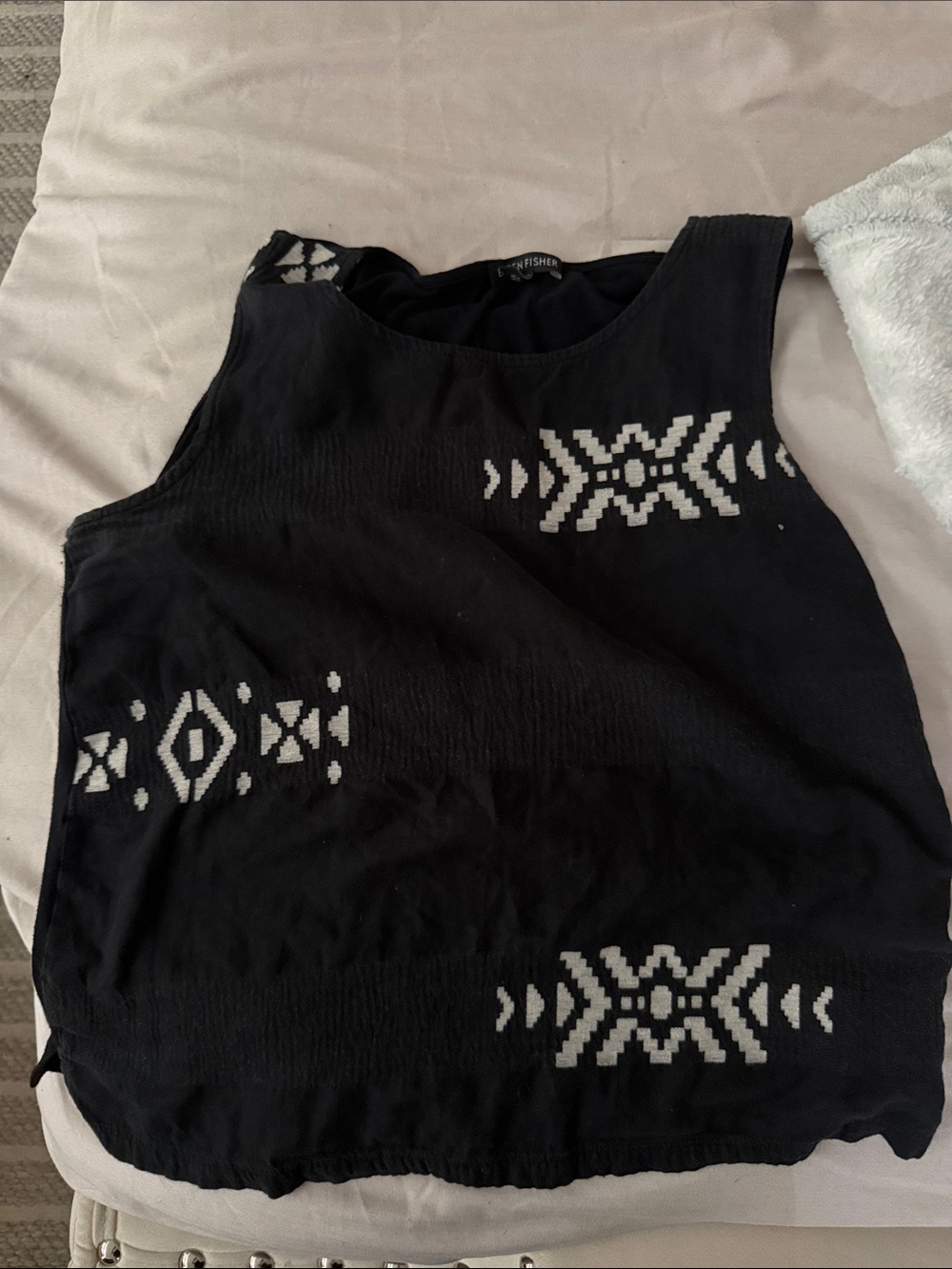 Eileen Fisher Black Tank Top with White Geometric Embroidery